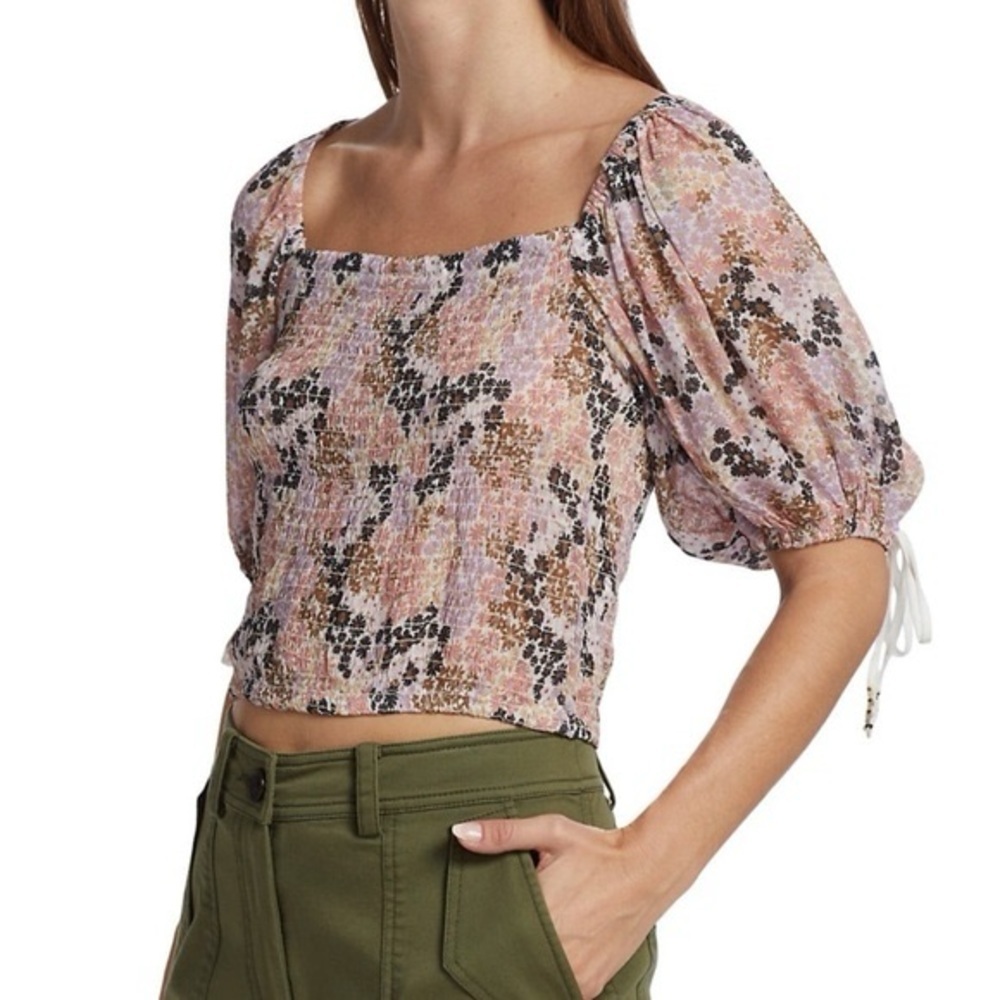Free People Back On Top Smocked Cropped Puff Sleeve Floral Soft Combo top.